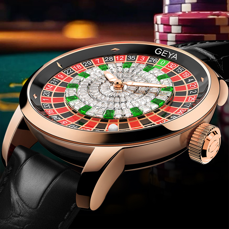 【GEYA 格雅】大贏家系列 賭盤輪盤 晶鑽 動力儲存 夜光 機械 真皮 手錶 G78187
