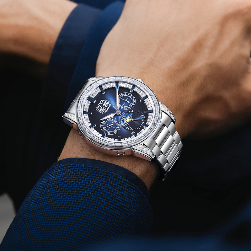 【GEYA 格雅】 G78189 真三眼 晶鑽 鏤空 日月星辰 動力儲存 寶石軸承 機械 不鏽鋼 手錶