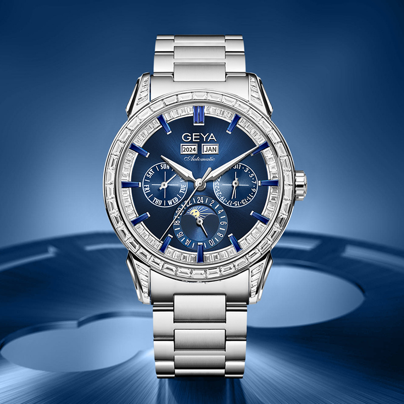 【GEYA 格雅】 G78189 真三眼 晶鑽 鏤空 日月星辰 動力儲存 寶石軸承 機械 不鏽鋼 手錶