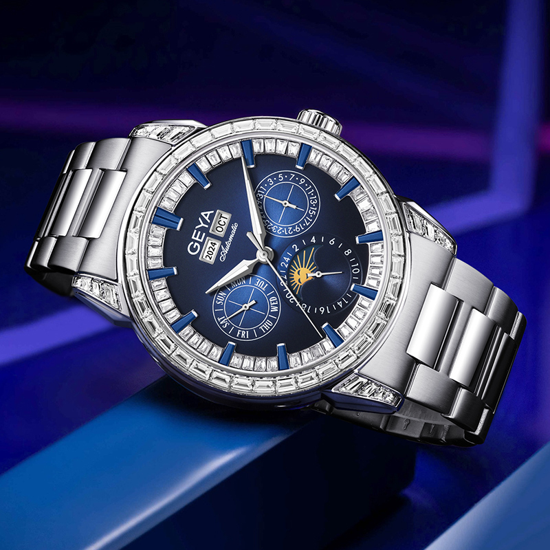 【GEYA 格雅】 G78189 真三眼 晶鑽 鏤空 日月星辰 動力儲存 寶石軸承 機械 不鏽鋼 手錶