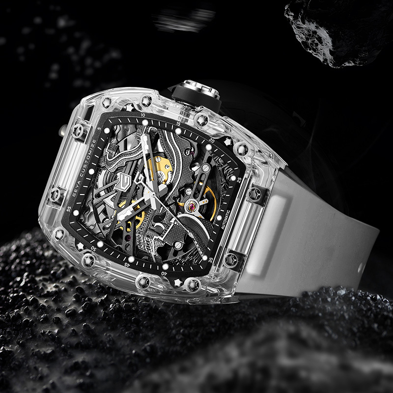 【GEYA 格雅】 長城系列 G78191 雙面鏤空 夜光 TR90錶殼 機械 矽膠 手錶