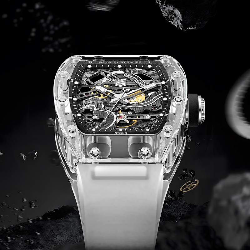 【GEYA 格雅】 長城系列 G78191 雙面鏤空 夜光 TR90錶殼 機械 矽膠 手錶