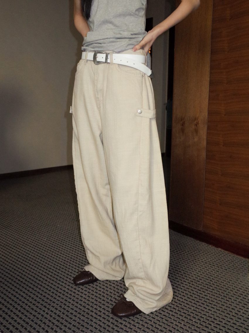 side button cotton and linen straight wide trousers in BEIGE