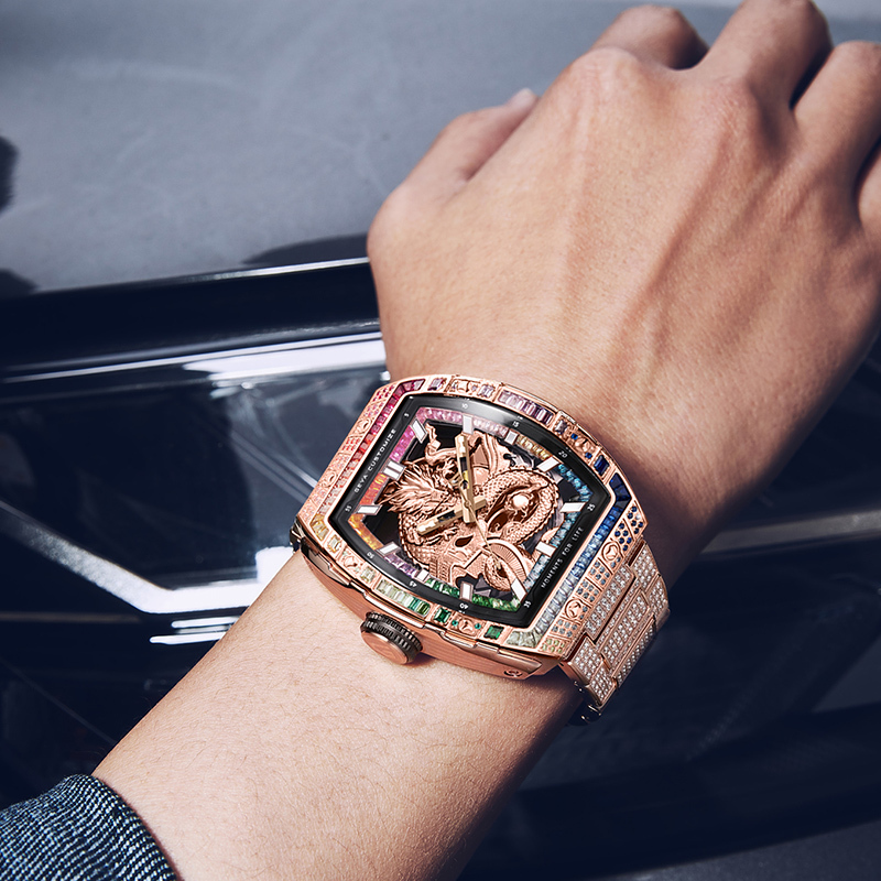 (預購)【GEYA 格雅】長城龍系列 G78193 酒桶 雙面鏤空 祥龍 晶鑽 夜光 機械 不鏽鋼 手錶