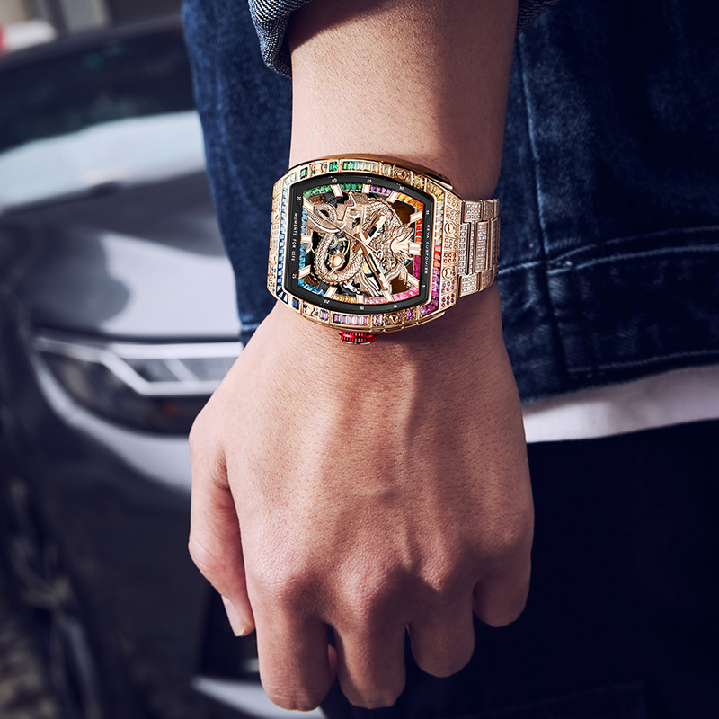 (預購)【GEYA 格雅】長城龍系列 G78193 酒桶 雙面鏤空 祥龍 晶鑽 夜光 機械 不鏽鋼 手錶