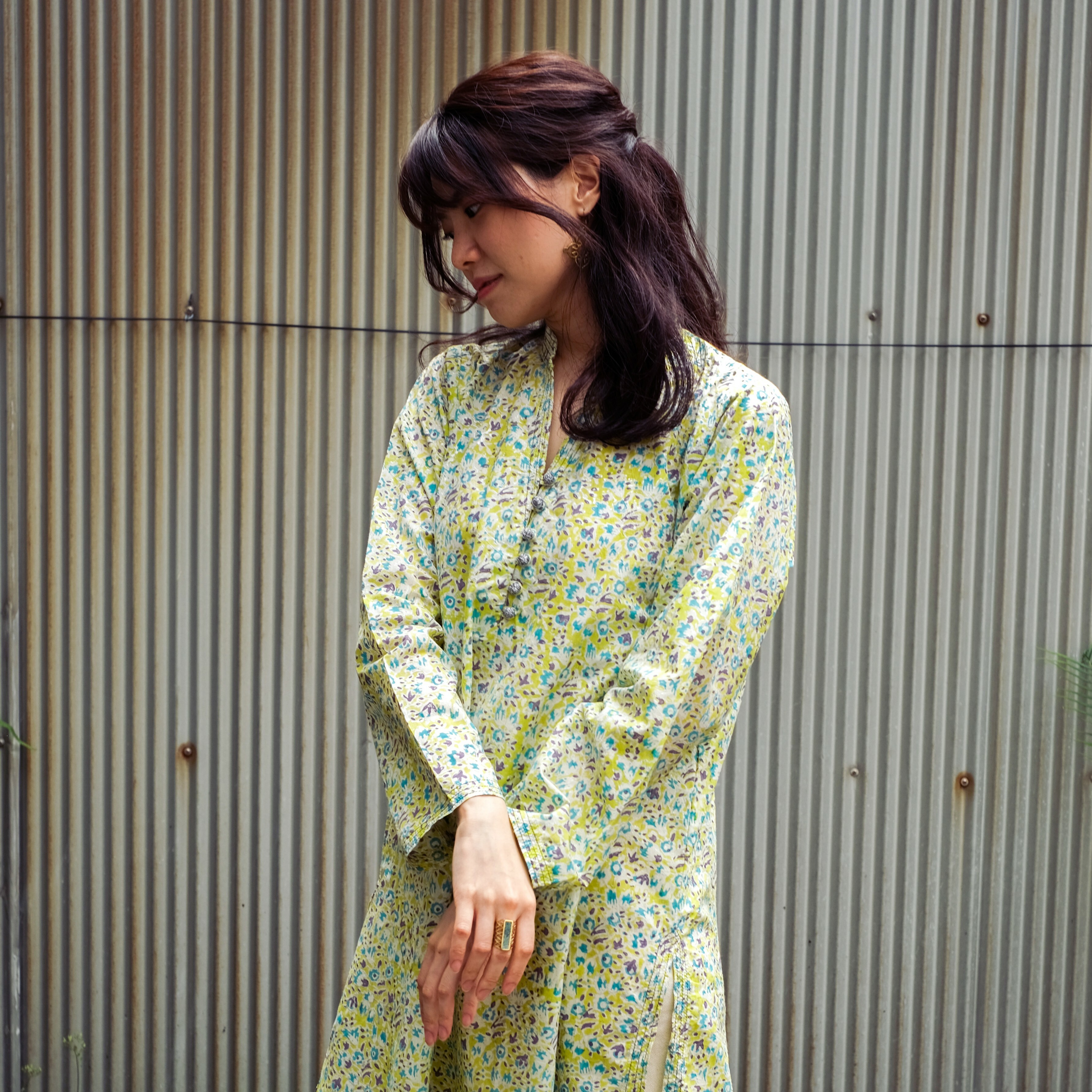 蓋染｜Kurta 罩衫 - 淺綠碎花 69｜巴基斯坦