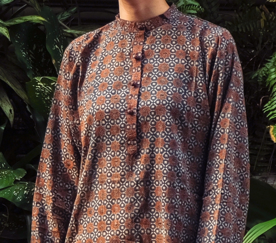 蓋染｜Ajrak Kurti 上衣 - 藍棕 72｜巴基斯坦
