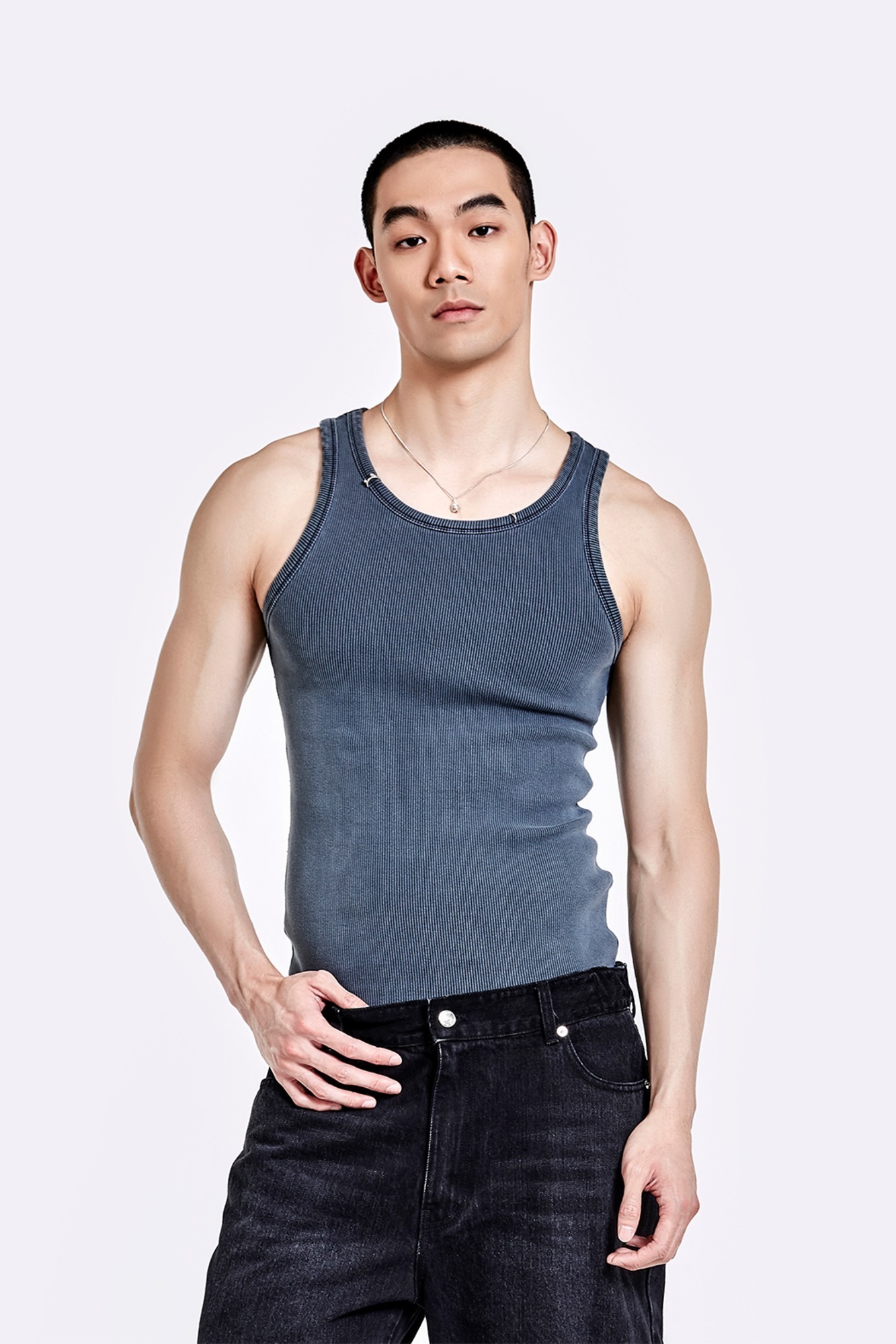 金屬環領背心 - 水洗灰