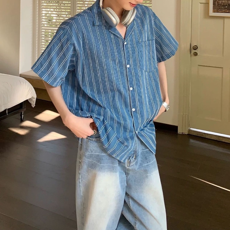 條紋領短袖襯衫(二色)