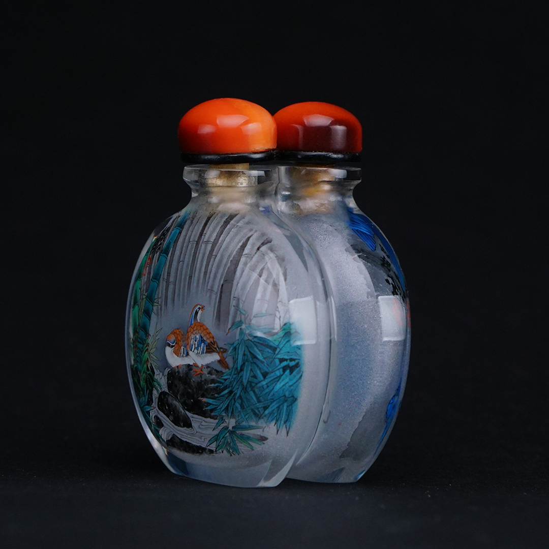 晨光花鳥連體鼻煙壺 雙壺連體巧妙描繪林鳥共鳴