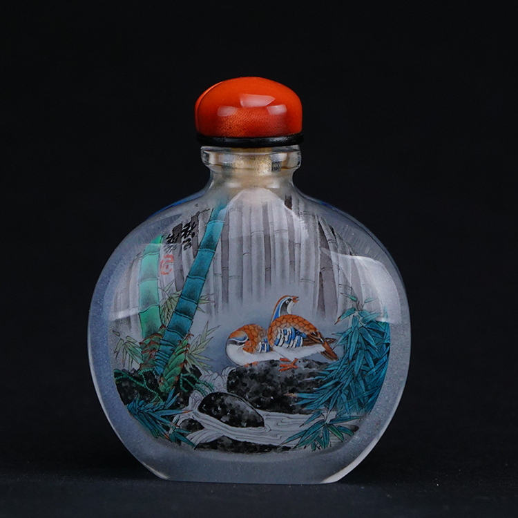 鹿港窯典藏內畫工藝｜晨光花鳥連體鼻煙壺 雙壺連體巧妙描繪林鳥共鳴