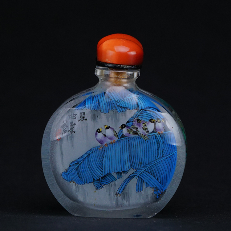 鹿港窯典藏內畫工藝｜晨光花鳥連體鼻煙壺 雙壺連體巧妙描繪林鳥共鳴