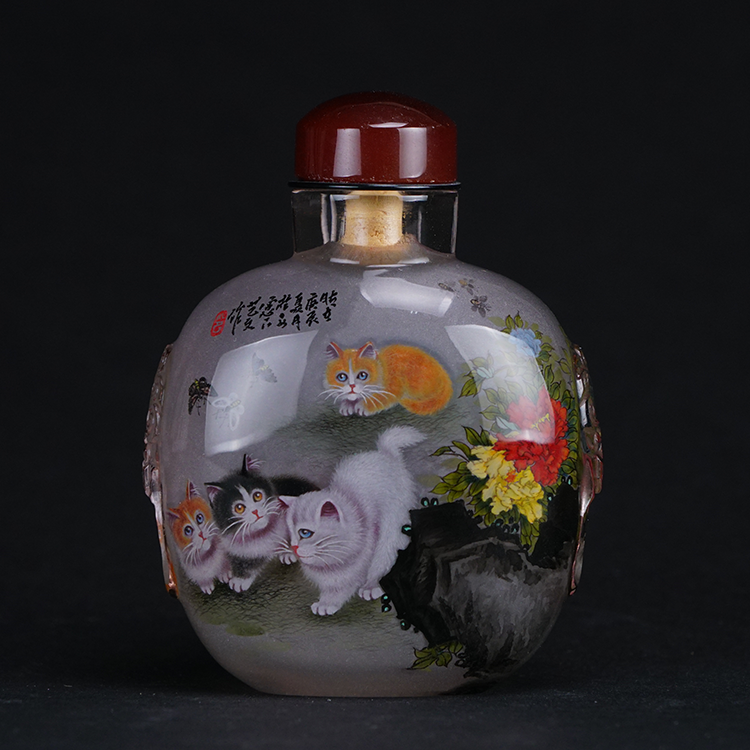 鹿港窯典藏內畫工藝|富貴貓鼻煙壺 瑞貓呈祥寓意富貴平安與福氣盈門