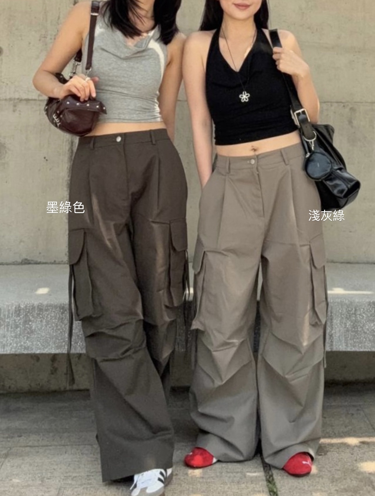 (訂購) 個性感橡膠腰設計感工裝褲 P4202 (墨綠色/淺灰綠/黑)