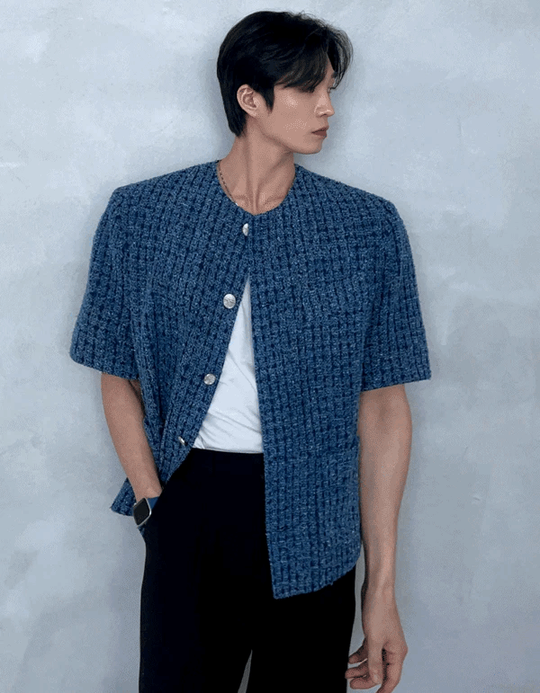 圓領粗花呢半袖夾克外套