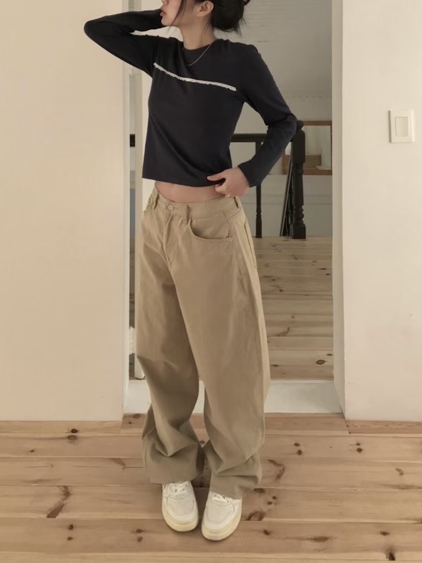 mini red label soft fine twill casual wide trousers in KHAKI