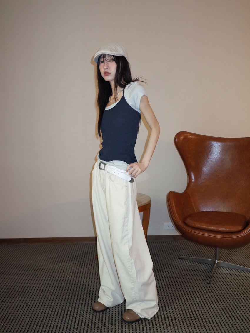 mini red label soft fine twill casual wide trousers in CREAM