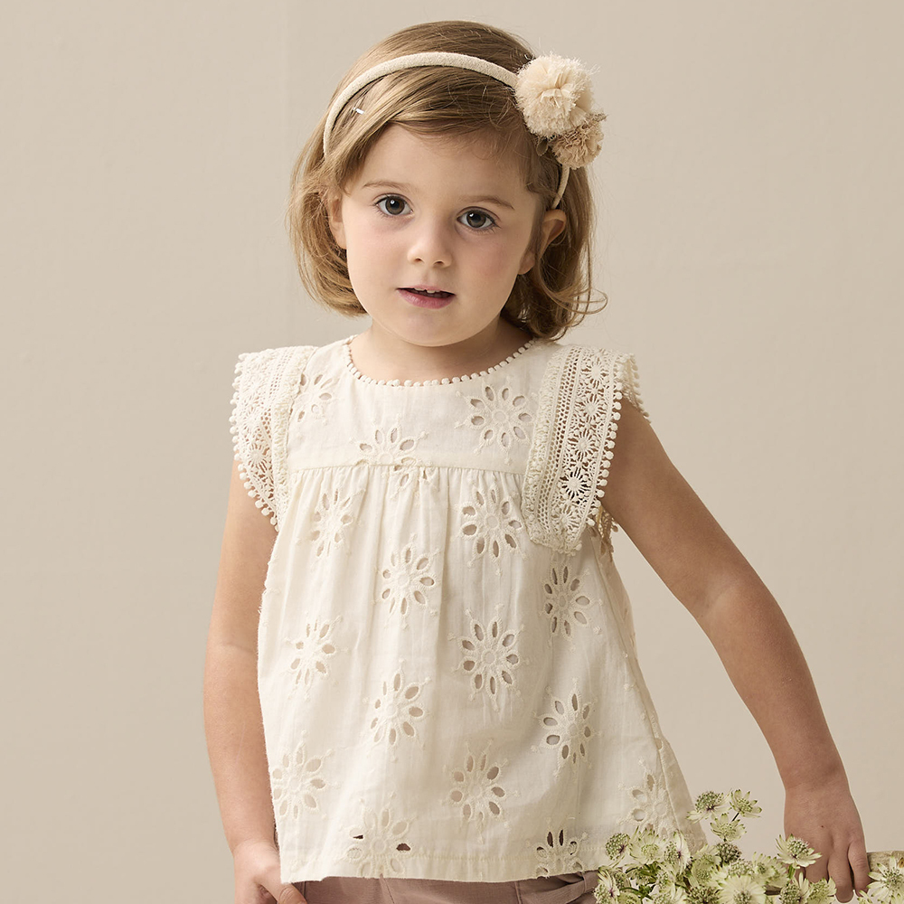 PIPPY氣質系清新印花蕾絲袖圓領上衣 米