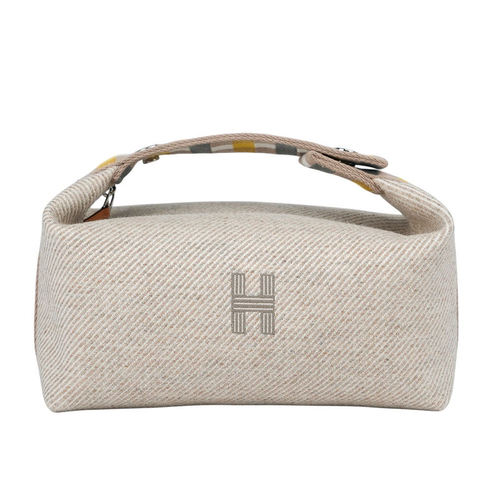 【Hermès】H Logo 拼色格紋提把小款帆布手提便當包