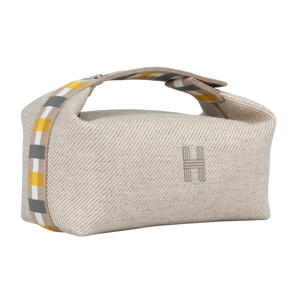 【HERMES】H Logo 拼色格紋提把小款帆布手提便當包(裸麥色)H103802M 01