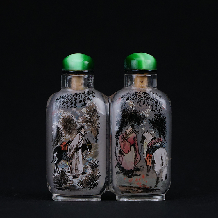 鹿港窯典藏內畫工藝|人物精繪連體鼻煙壺 雙壺相映描繪文人雅士書香氣韻