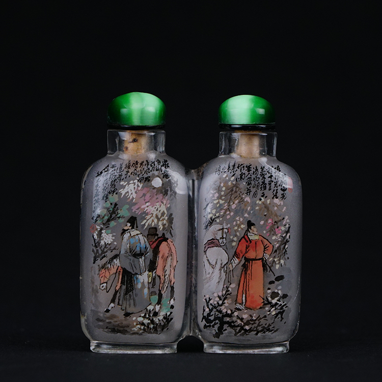 鹿港窯典藏內畫工藝|人物精繪連體鼻煙壺 雙壺相映描繪文人雅士書香氣韻