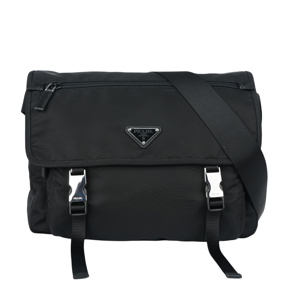 【PRADA】三角牌尼龍雙釦中款斜背包/相機包(黑色)1BD671 ZOT F0002