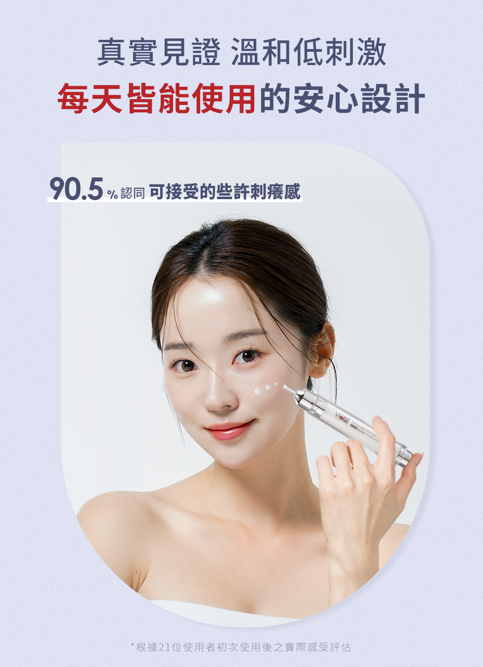 真實見證 溫和低刺激每天皆能使用的安心設計90.5%認同 可接受的些許刺癢感*根據21位使用者初次使用後之實際感受評估