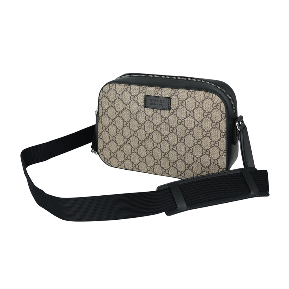 【GUCCI】GG Supreme 塗層帆布及皮革中款相機包(米色/黑色)779880 K5RLN 9769