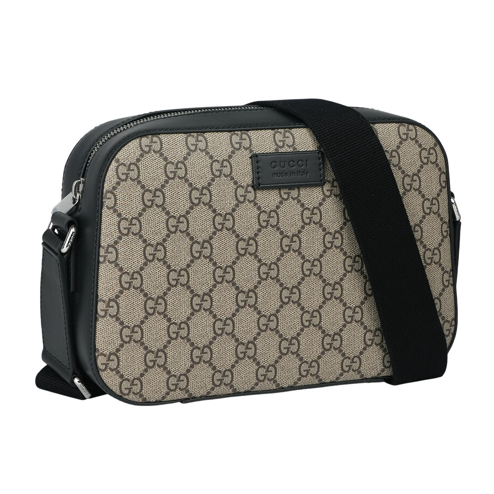 【GUCCI】GG Supreme 塗層帆布及皮革中款相機包(米色/黑色)779880 K5RLN 9769