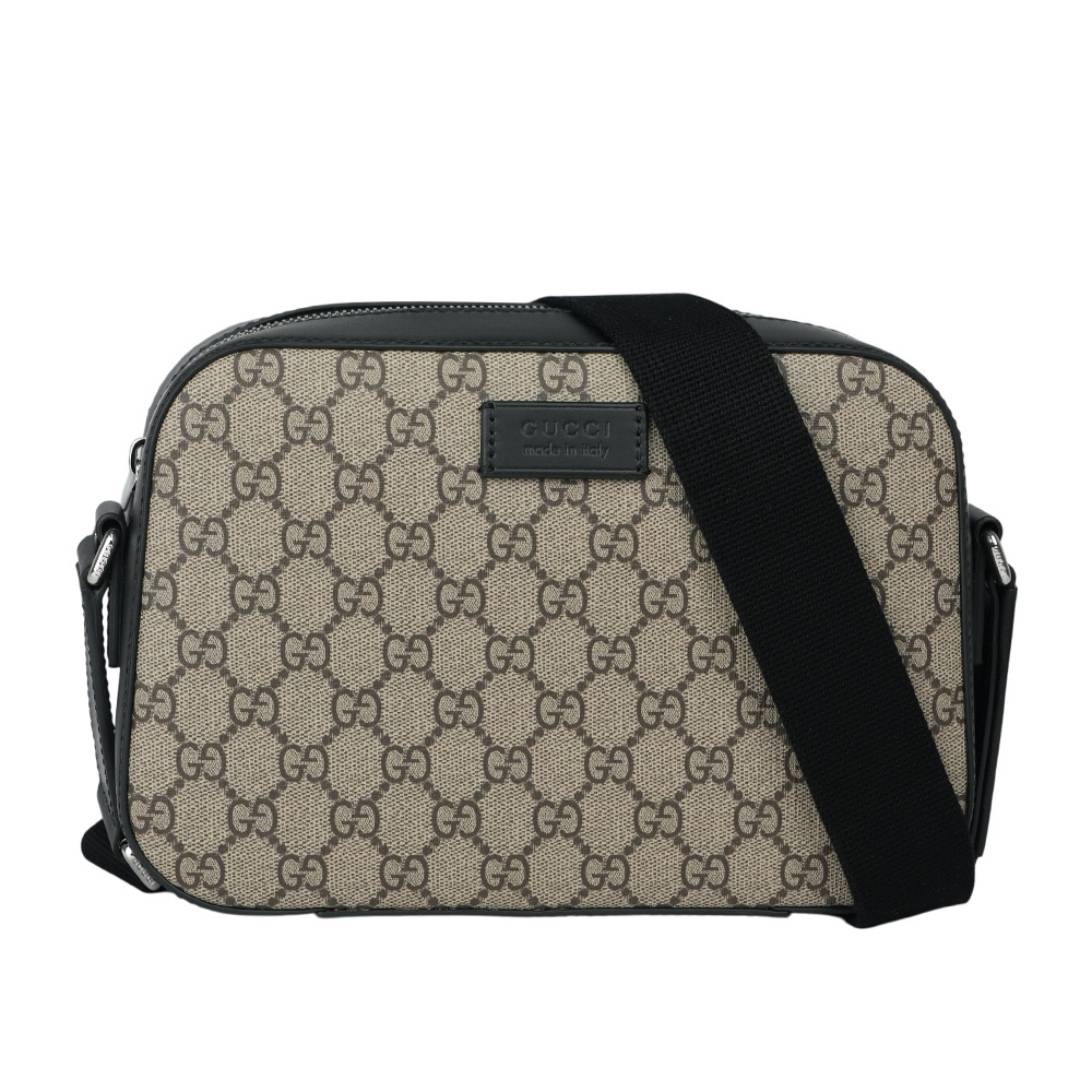 【GUCCI】GG Supreme 塗層帆布及皮革中款相機包(米色/黑色)779880 K5RLN 9769