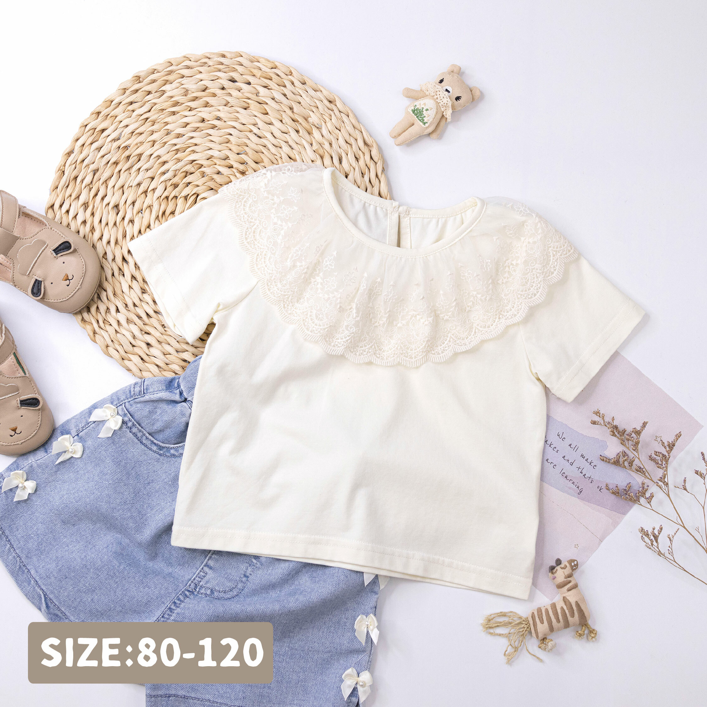 【H50120】質感緹花拼接圓領上衣/短T