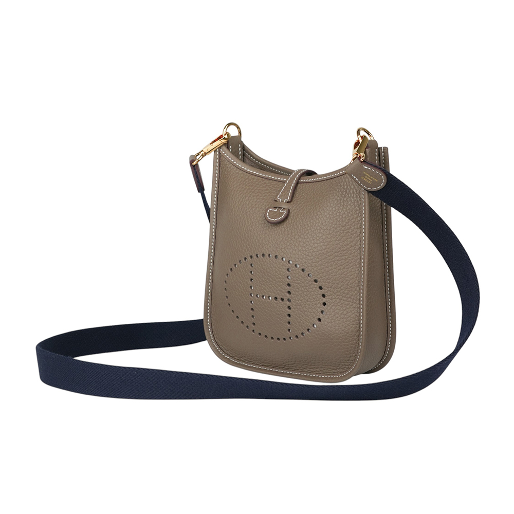 【HERMES】金釦 TC皮 MINI EVELYNE 16 斜背包(大象灰/深藍背帶)H069426CCBF