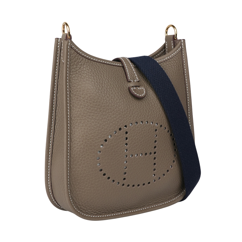 【HERMES】金釦 TC皮 MINI EVELYNE 16 斜背包(大象灰/深藍背帶)H069426CCBF