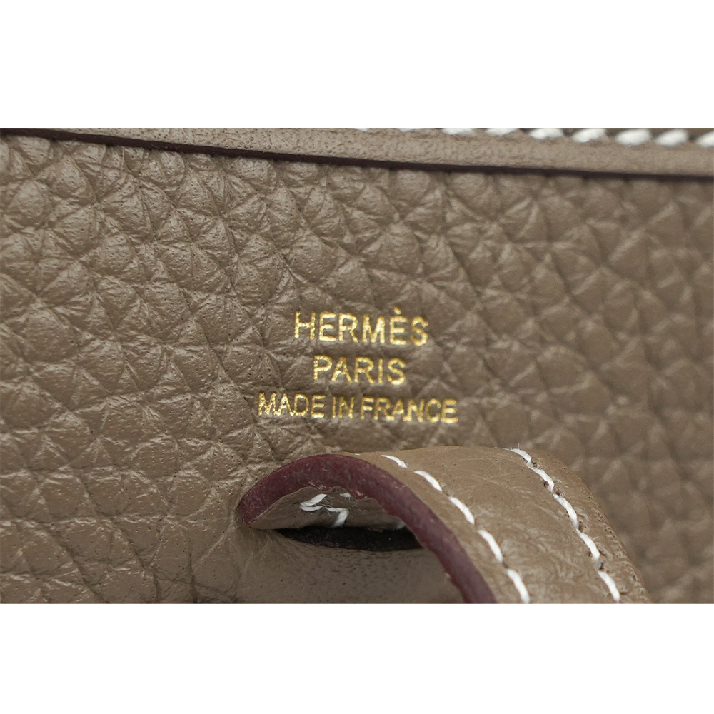 【HERMES】金釦 TC皮 MINI EVELYNE 16 斜背包(大象灰/深藍背帶)H069426CCBF