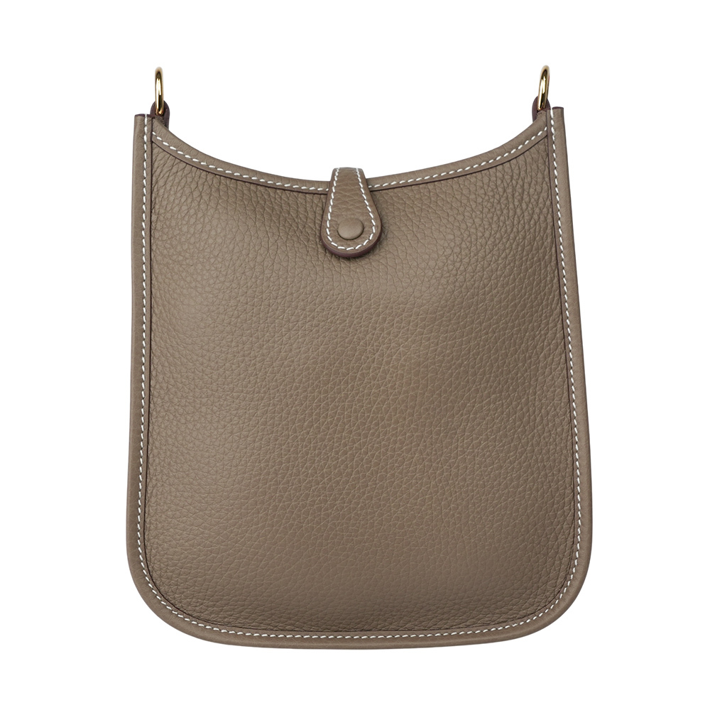 【HERMES】金釦 TC皮 MINI EVELYNE 16 斜背包(大象灰/深藍背帶)H069426CCBF