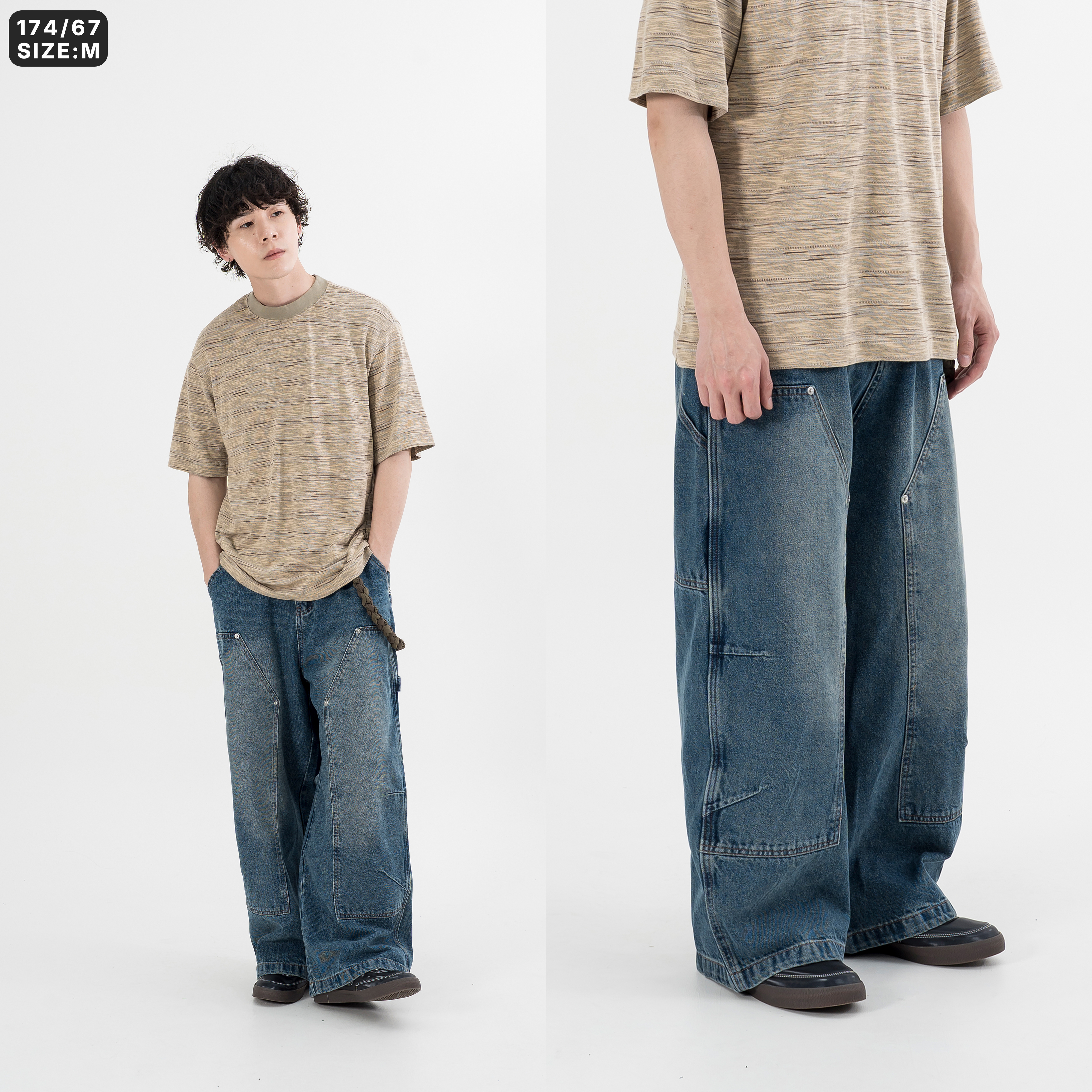 Double Knee Wide Leg Jeans 伐木雙膝補丁牛仔褲[B-2526]