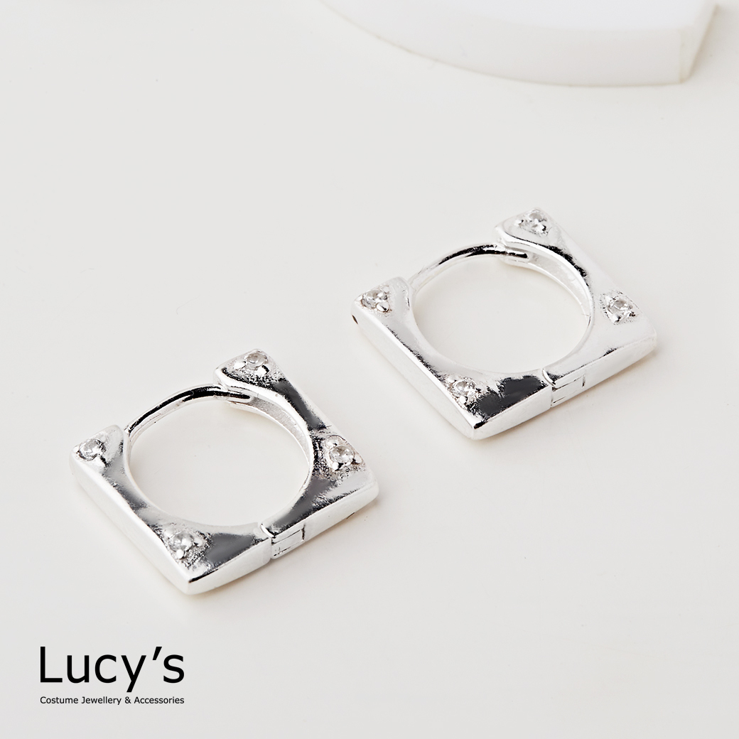 925純銀 星鑽方形 易扣耳環 (121597)