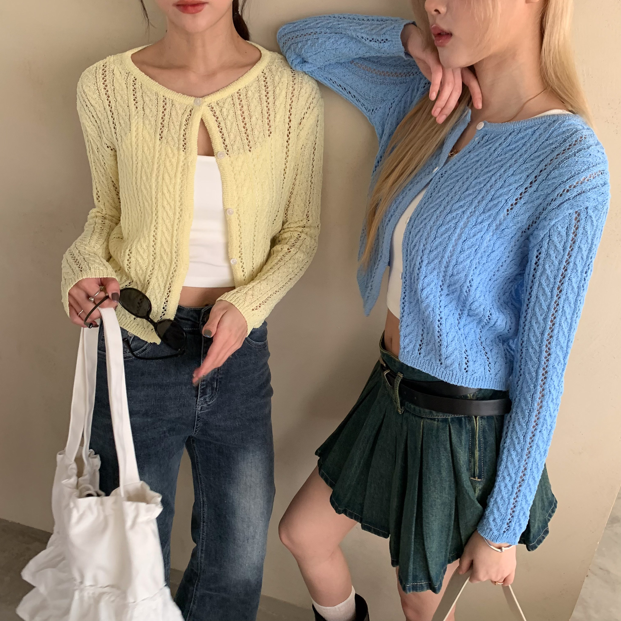 ISA_春夏主打款 溫柔系麻花薄針織排扣上衣_53112