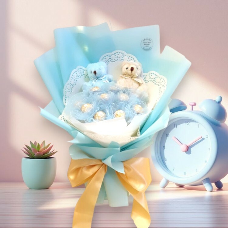 2隻小熊11朵金莎乾燥花蕾絲花束,淺藍色包裝
