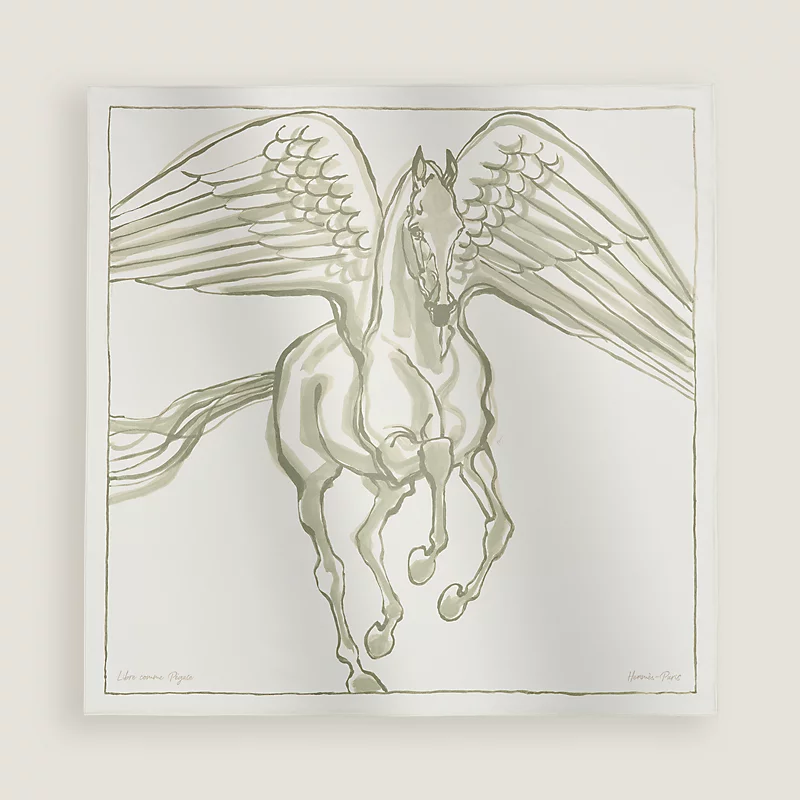 HERMES Libre Comme Pegase scarf 90 blanc / argile / kaki