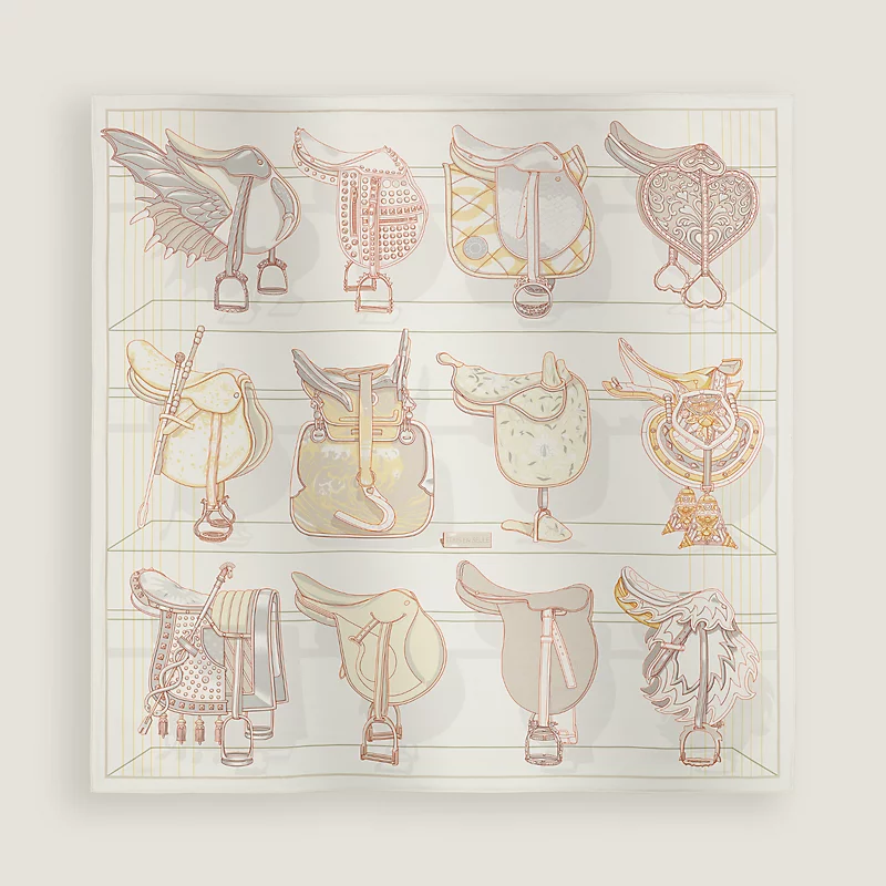 HERMES Tous en Selle scarf 90 blanc / jaune pâle / gris perle