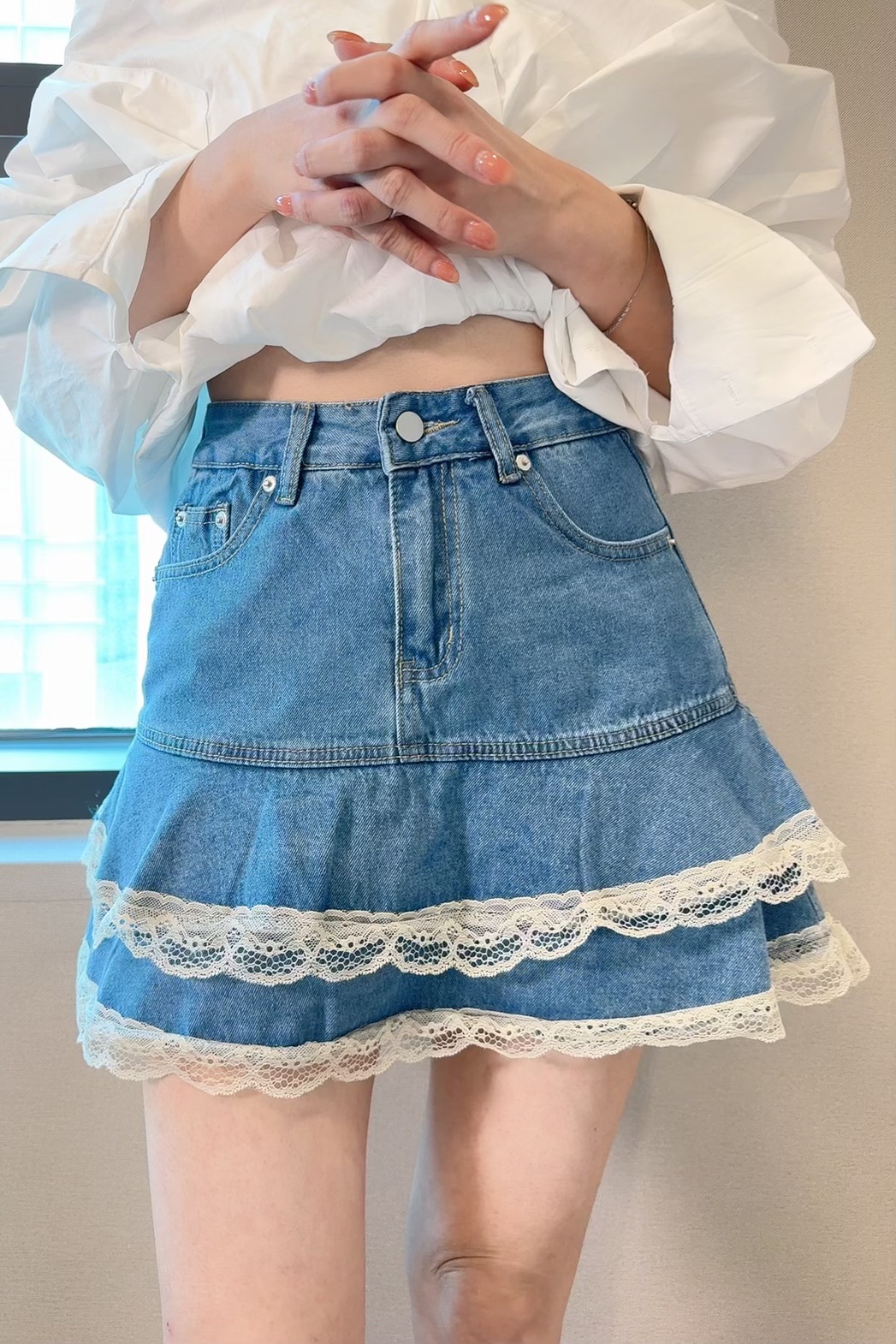 SK#7017🤍牛仔Cream邊裙