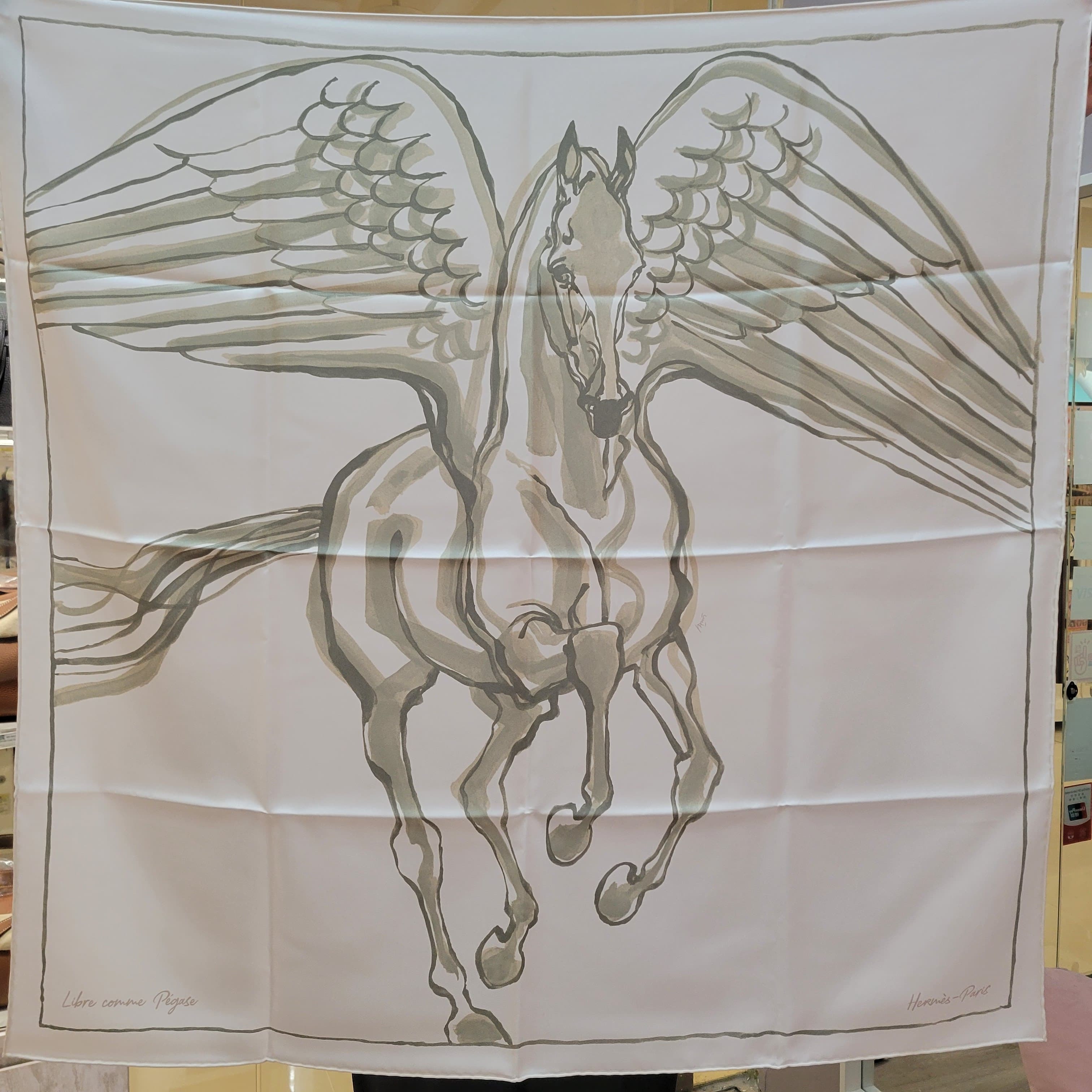 HERMES Libre Comme Pegase scarf 90 blanc / argile / kaki