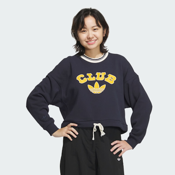 ADIDAS 大學T VRCT CREW W2 藍黃 三葉草 抽繩 短版 長袖 女 JD6374