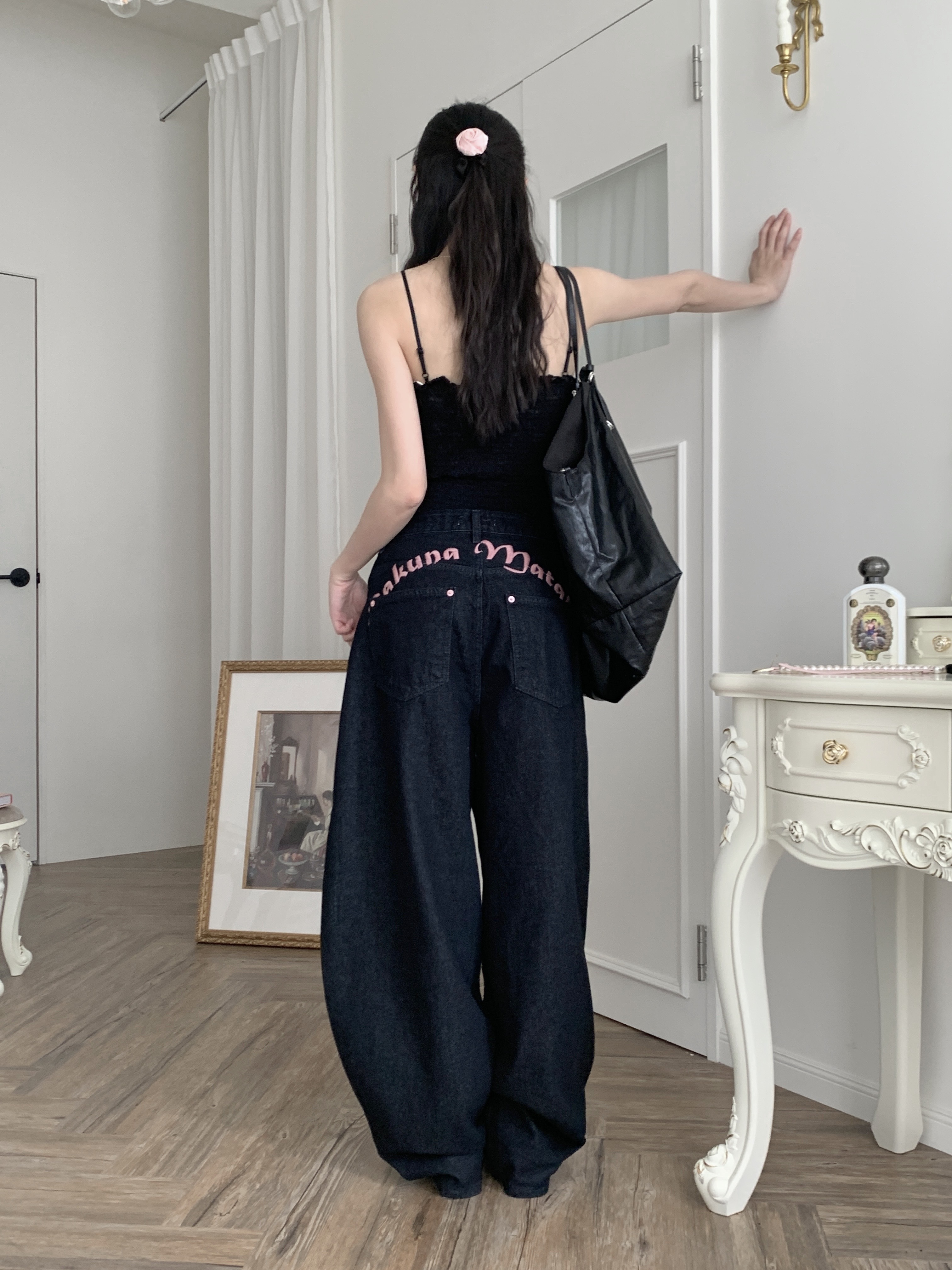 現貨-漫步牛仔玫瑰花園繭型褲