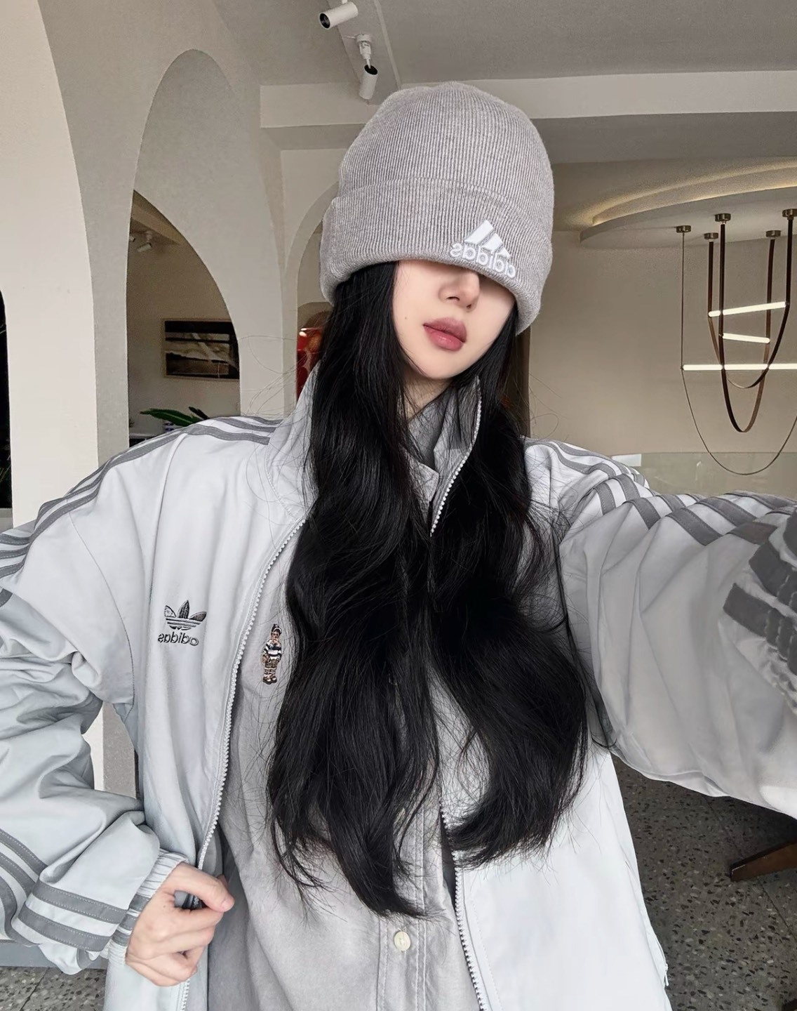 adidas Originals 灰色條紋立領運動夾克 男款