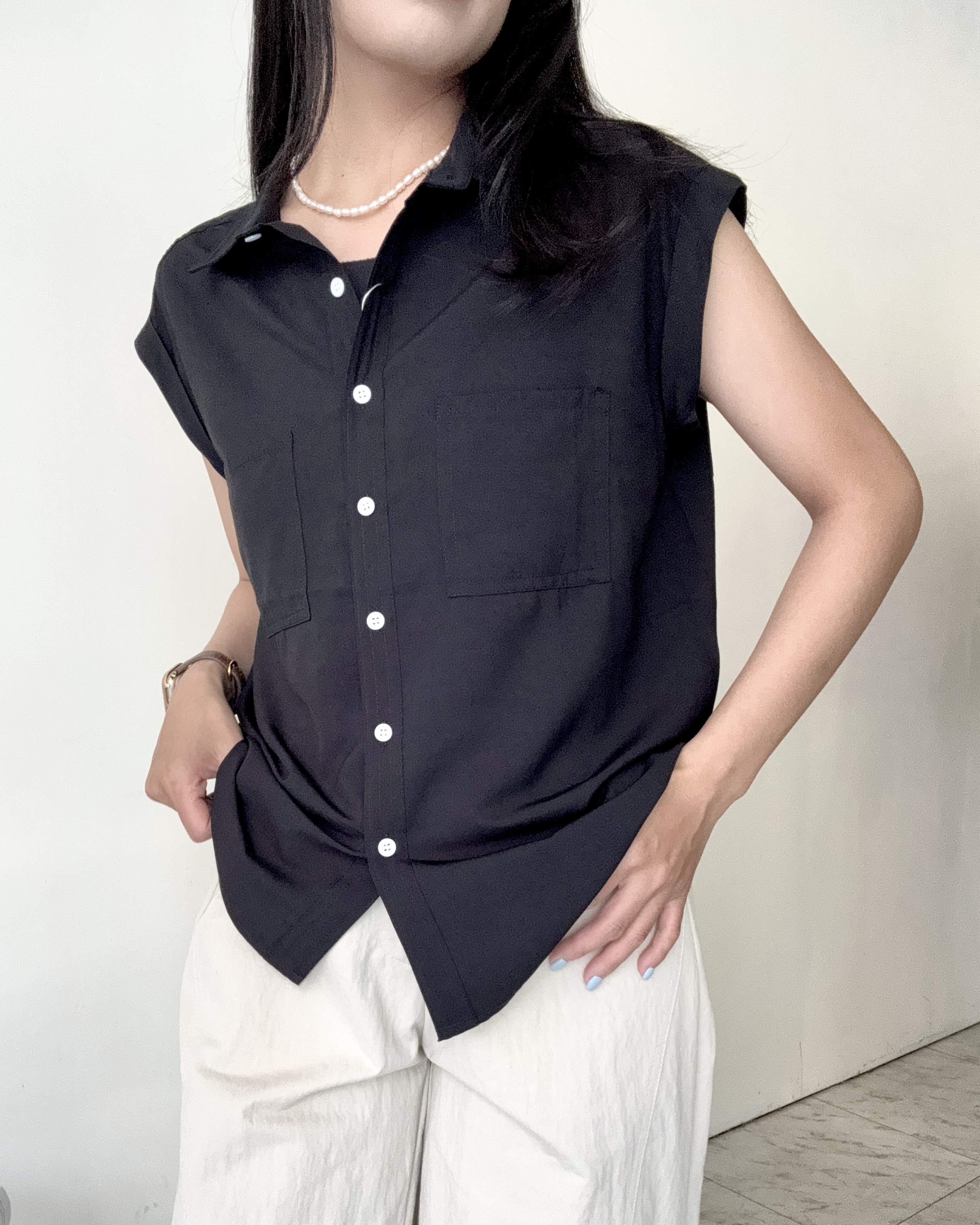 氣質無袖絲質襯衫-6672