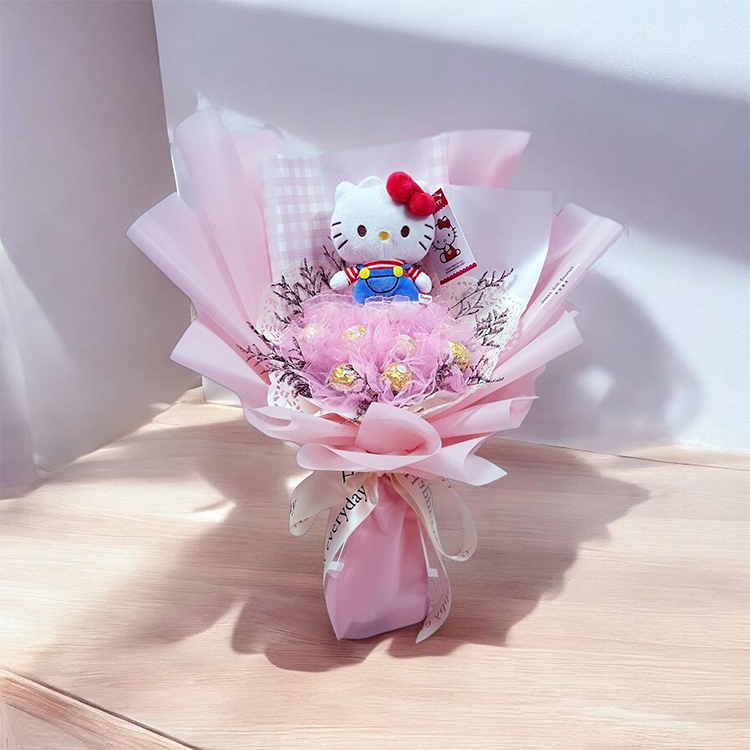 Kitty玩偶11朵金莎乾燥花蕾絲花束,粉色包裝