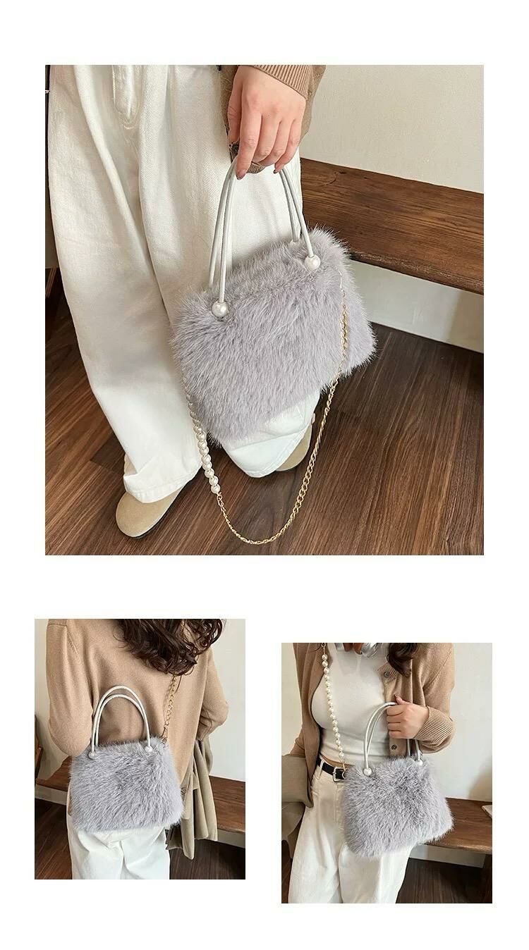 Fuzzy Pearl Handle Crossbody Bag for Autumn & Winter